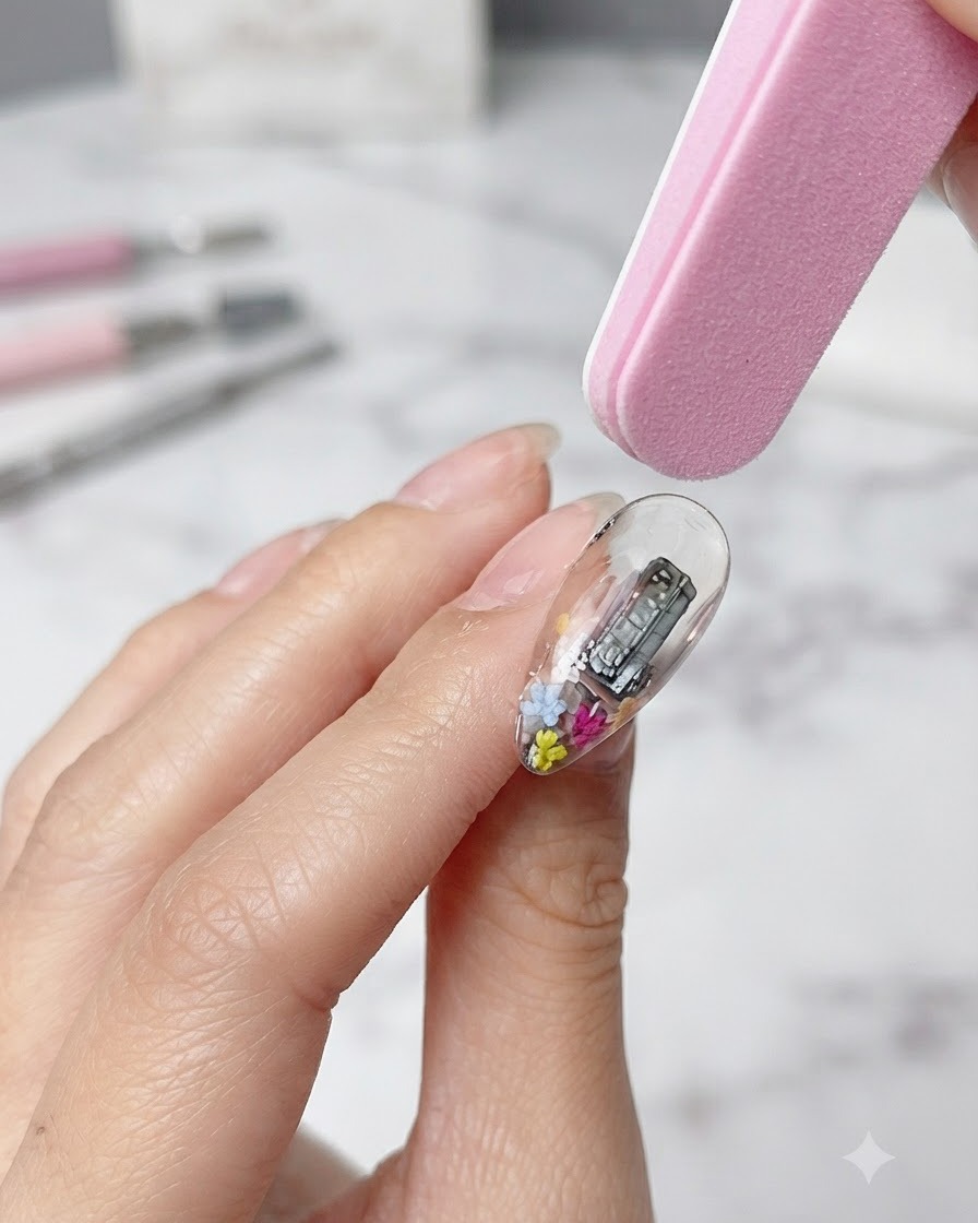 Eine rosa Sponge-Nagelfeile poliert sanft die klare Oberfläche eines Gel-Nagels, um Unebenheiten zu glätten.
