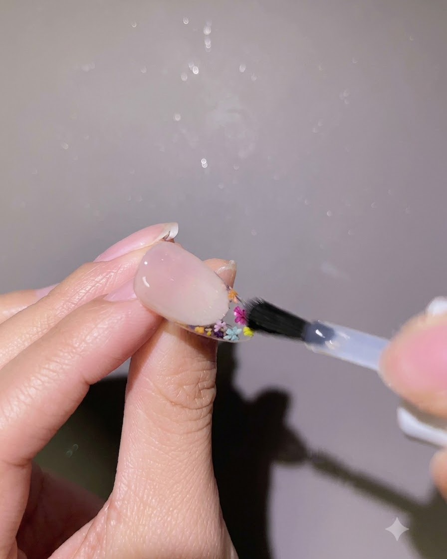 Ein Pinsel trägt eine klare Verstärkungsschicht aus Gel um die Ränder eines fertiggestellten Nageldesigns auf.