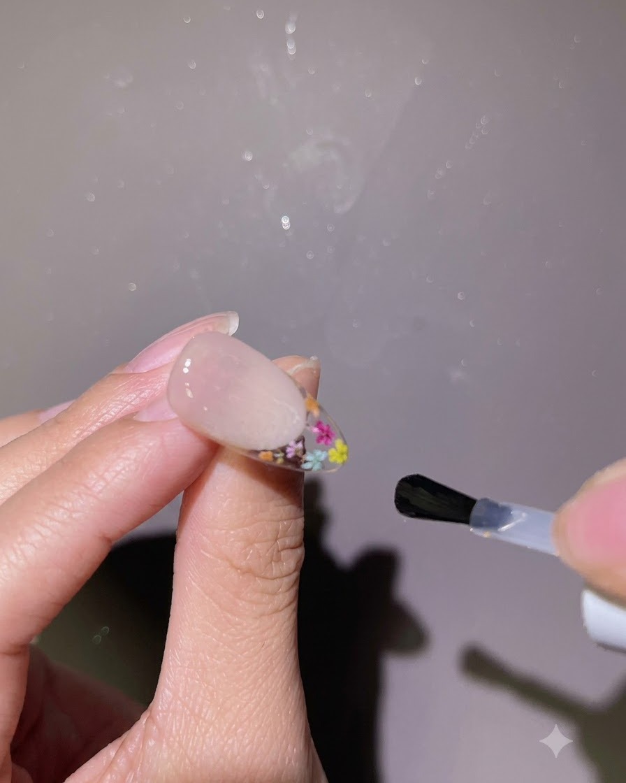 Ein Pinsel trägt einen glänzenden Top Coat über die gesamte Oberfläche eines fertigen Nagels auf.