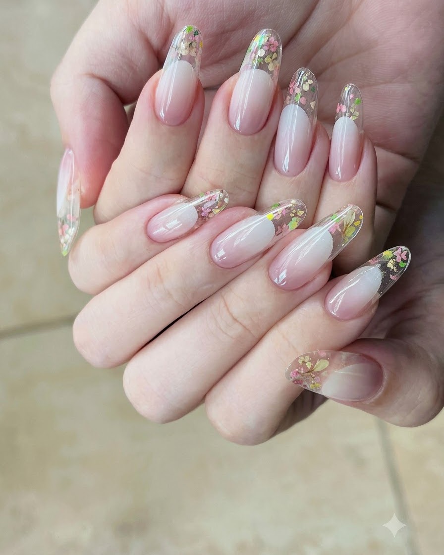 Ein Pinsel trägt eine Schicht Nude-Gel-Lack auf eine vorbereitete Naturnagelplatte auf.