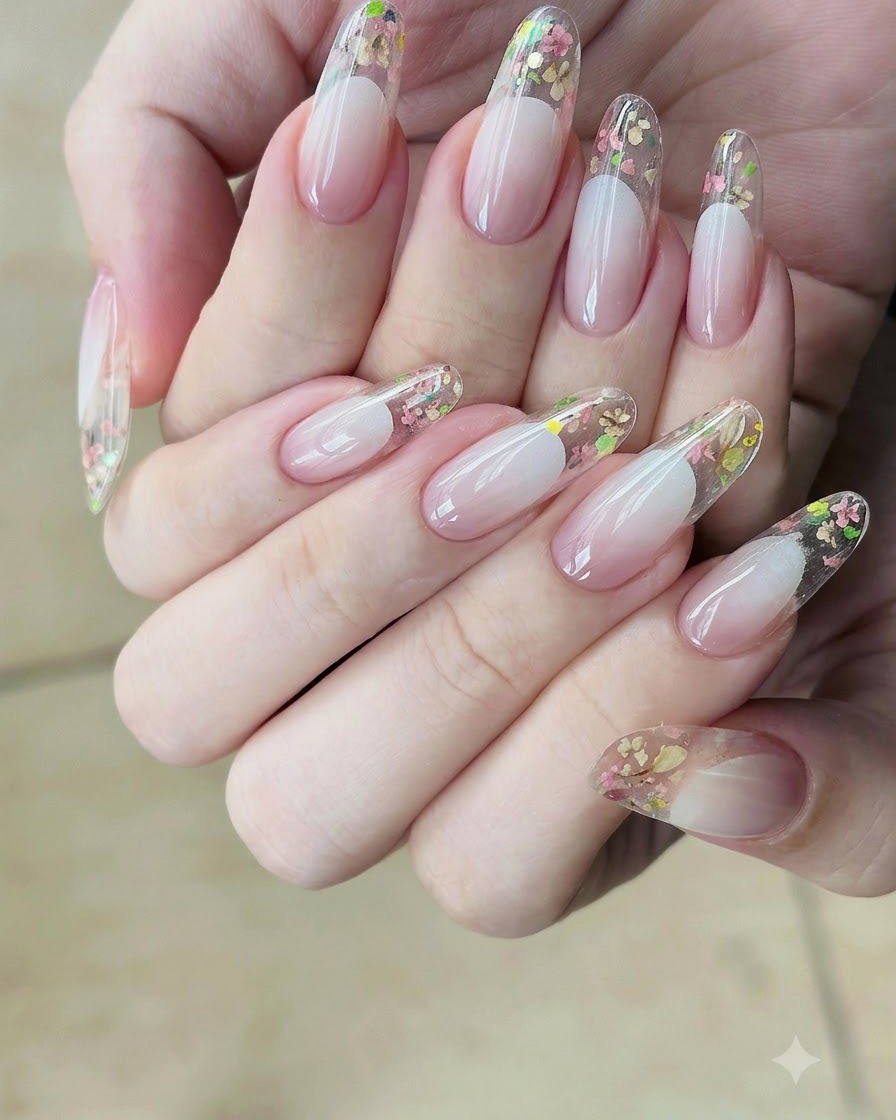 Ein Ombré-Pinsel federt und zieht sanft Nude-Gel-Lack nach unten über die Nageloberfläche.