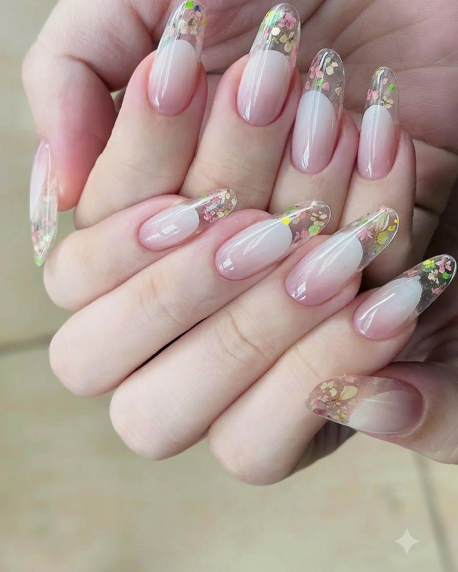 Eine Nageldesignerin trägt Nude-Lack erneut über der vorherigen Schicht auf, um den Farbverlauf zu vertiefen.