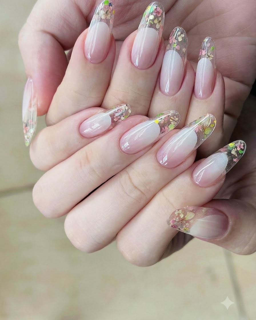 Nahaufnahme des Nagels bei einer zweiten verblendeten Anwendung von Nude-Farbverlaufsfarbe.