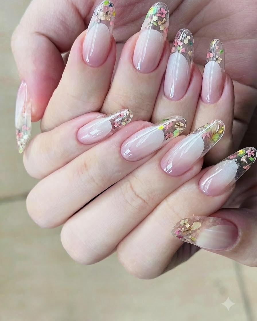 Ein Nagelpinsel trägt eine feuchte Schicht klaren Aufbaugels auf die Spitze eines mandelförmigen Clear-Extension-Nagels auf.