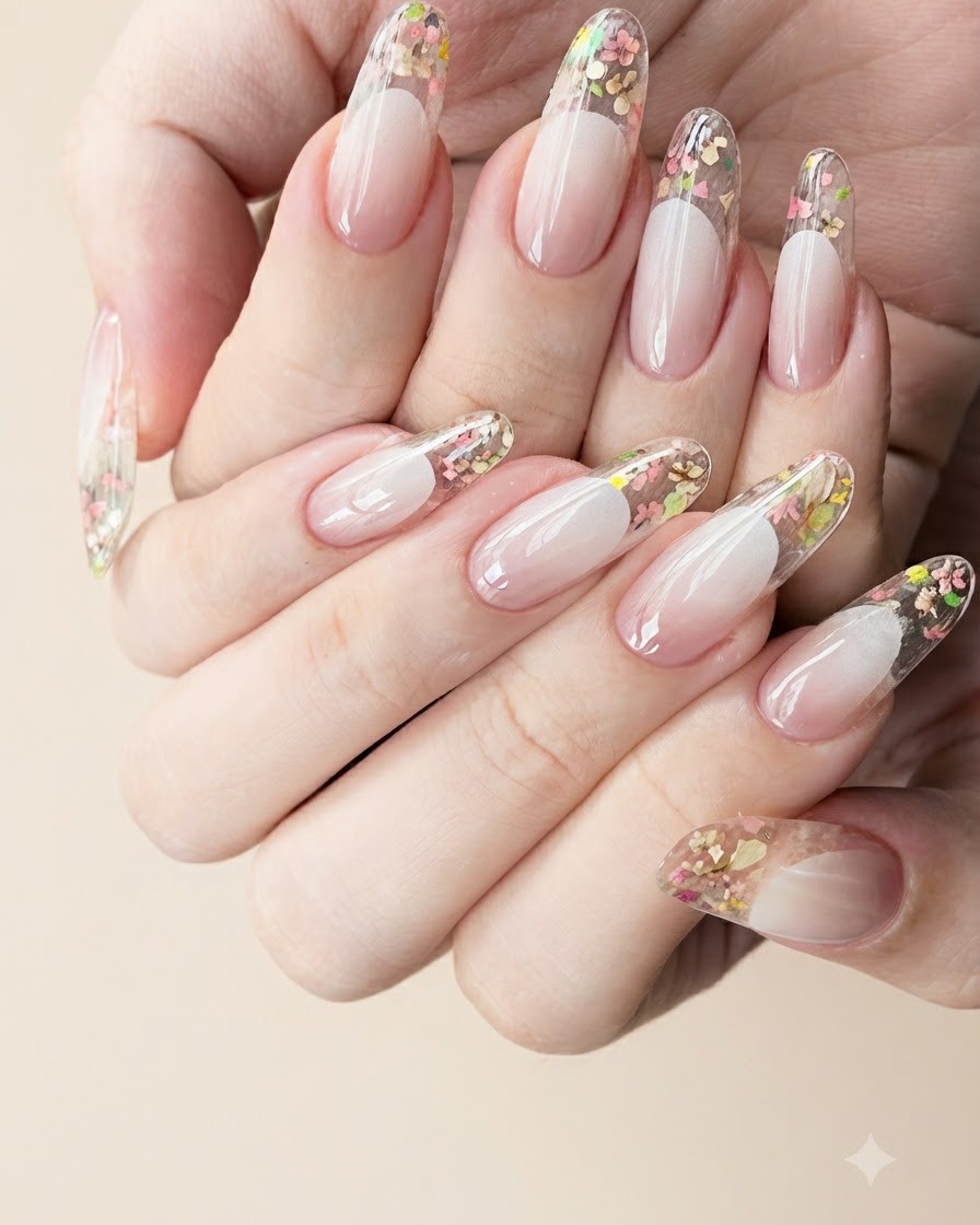 Eine feine Pinzette platziert winzige, mehrfarbige Trockenblumenstücke auf der mit feuchtem Gel beschichteten Spitze eines klaren Nagels.