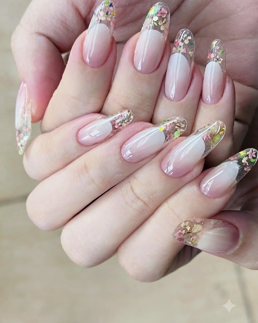 Ein Detailwerkzeug passt sorgfältig den Abstand kleiner Trockenblumen auf der transparenten Nagelspitze an.