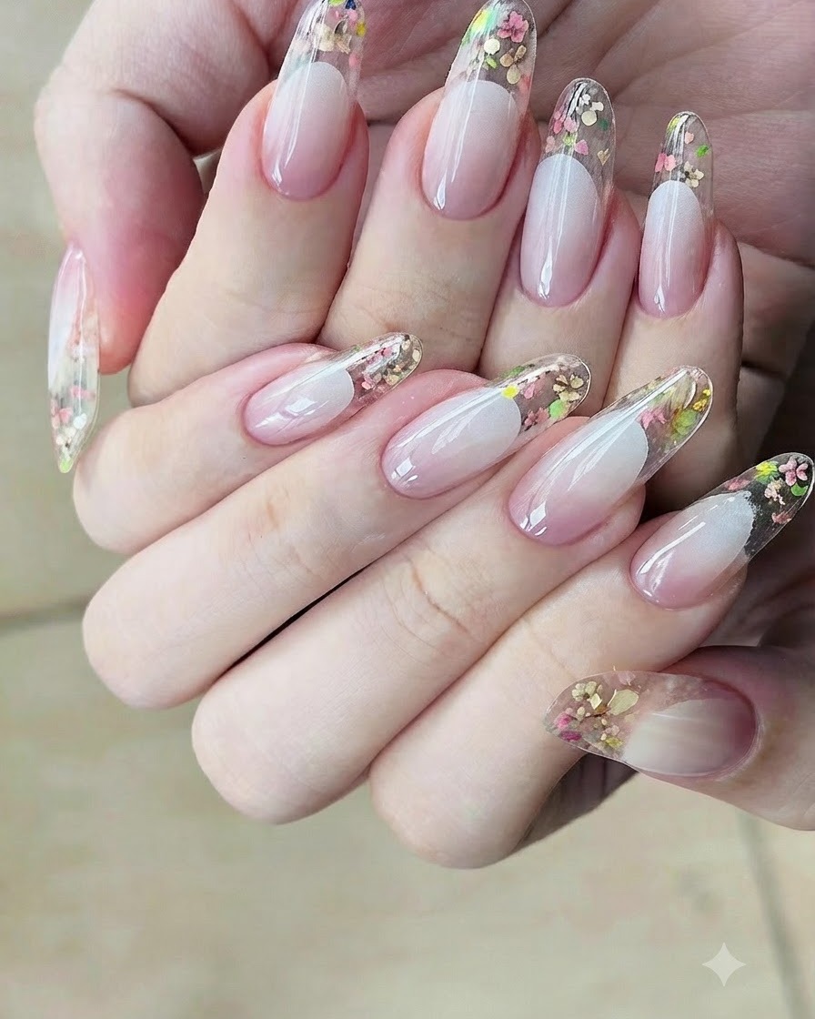 Ein Pinsel glättet eine dicke Schicht klaren Aufbaugels über eingebetteten Trockenblumen auf einer Nagelspitze vor dem Aushärten.