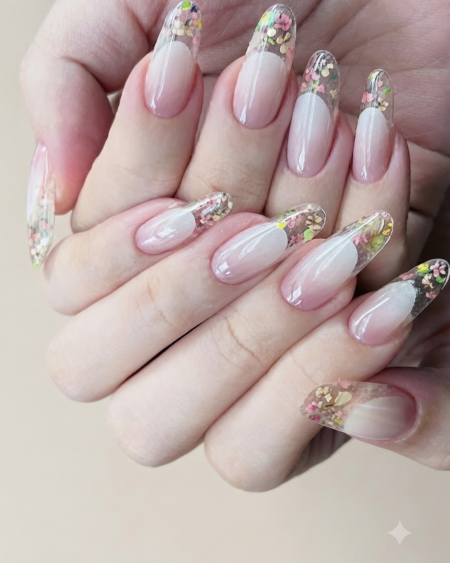 Ein Nagelpinsel trägt einen glänzenden Top Coat auf die gesamte Oberseite und unter die klare Verlängerungsspitze eines fertigen Nagels auf.