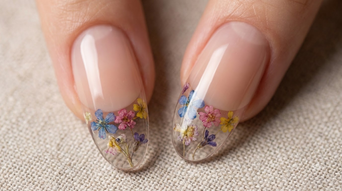 Klares Reverse-French-Maniküre mit Trockenblumen — Schritt-für-Schritt-Anleitung