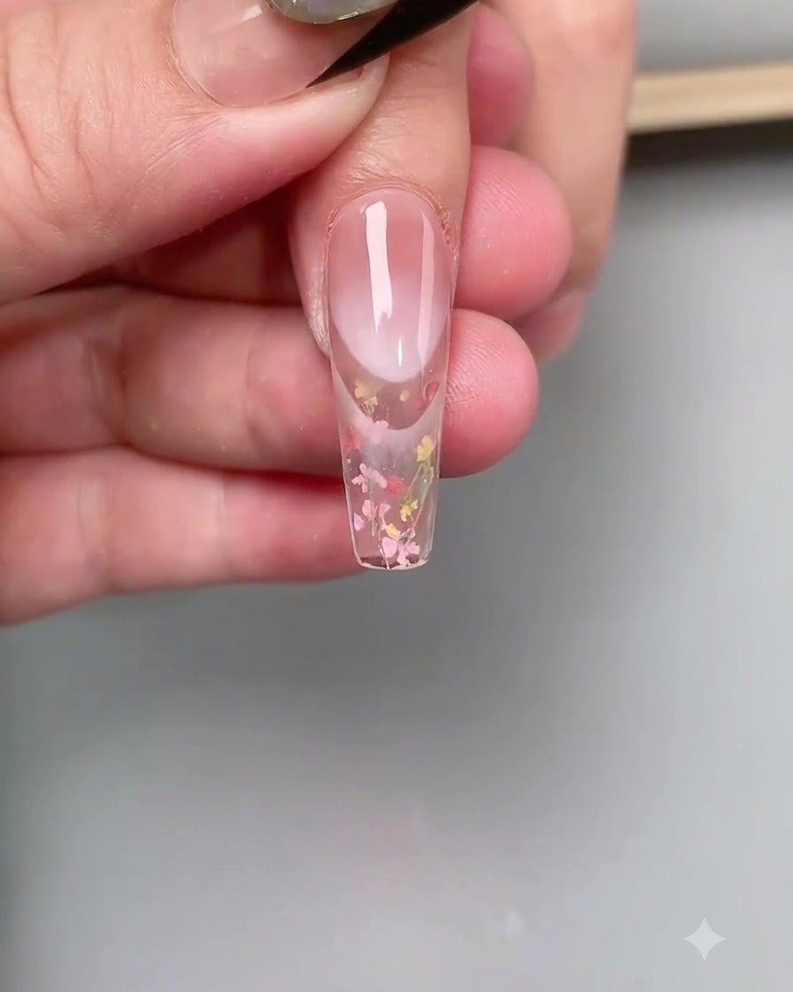 Ein feiner Nagelpinsel passt kleine Blumenstücke auf dem Nagel an und flacht sie ab.