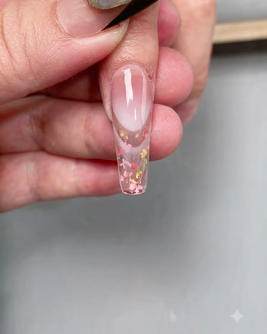 Ein Nagel wird unter einer professionellen UV-/LED-Härtungslampe positioniert, um den Top-Coat auf der Spitze zu fixieren.