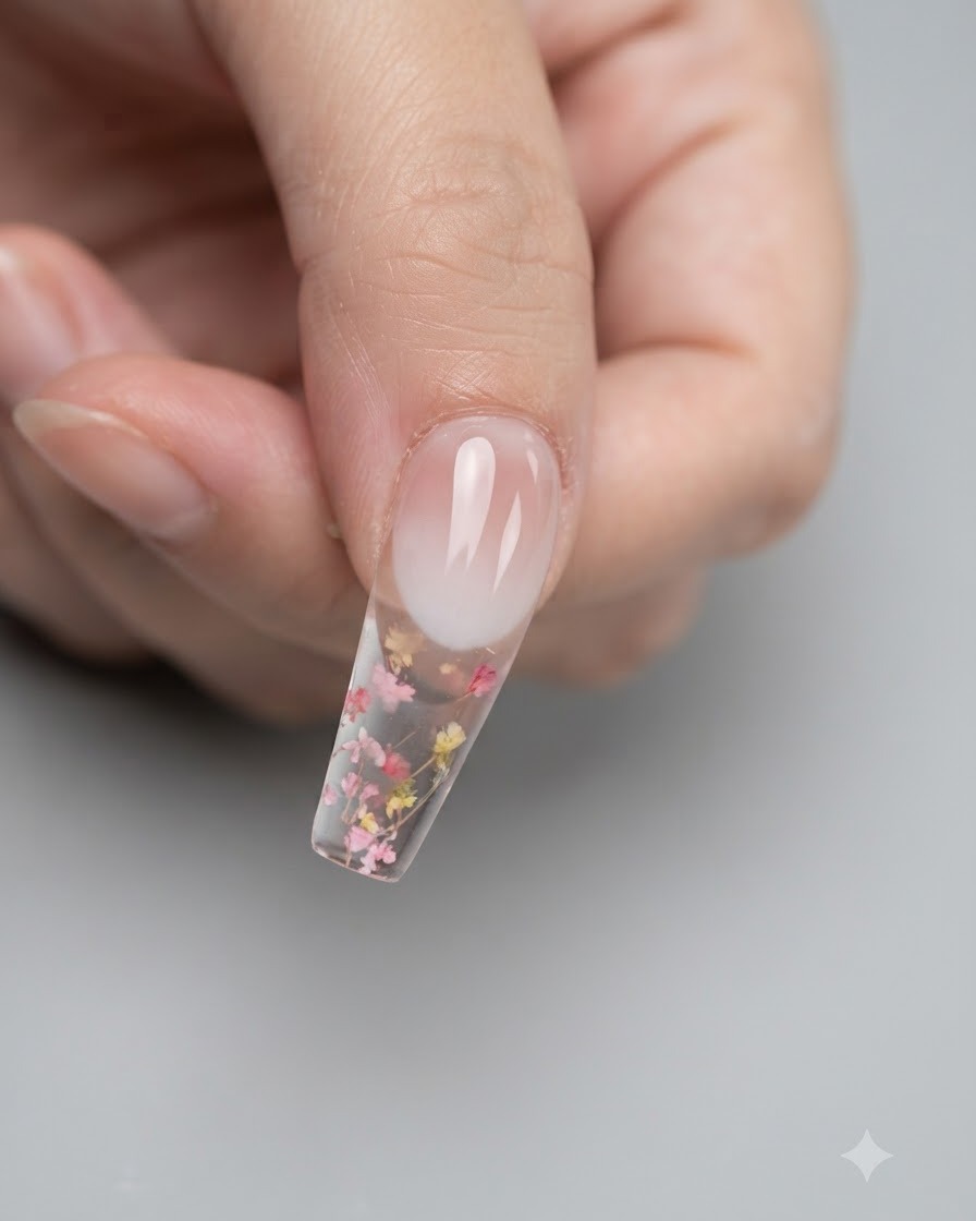 Ein Schwamm-Applikator tupft und reibt Pigmentpuder auf die Nagelspitze, um einen Ombré-Effekt zu erzeugen.