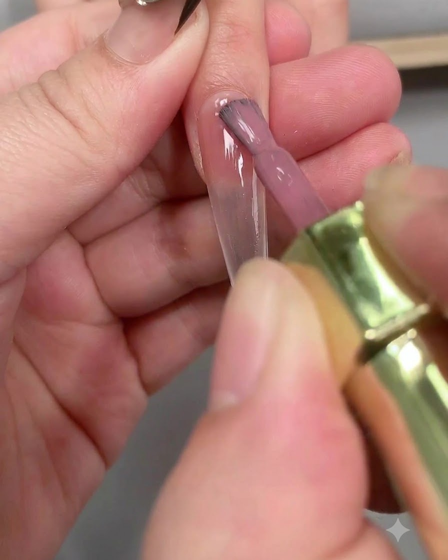 Ein Pinsel trägt klaren Base-Coat gleichmäßig über die gesamte Oberfläche eines langen sargförmigen Nagels auf.