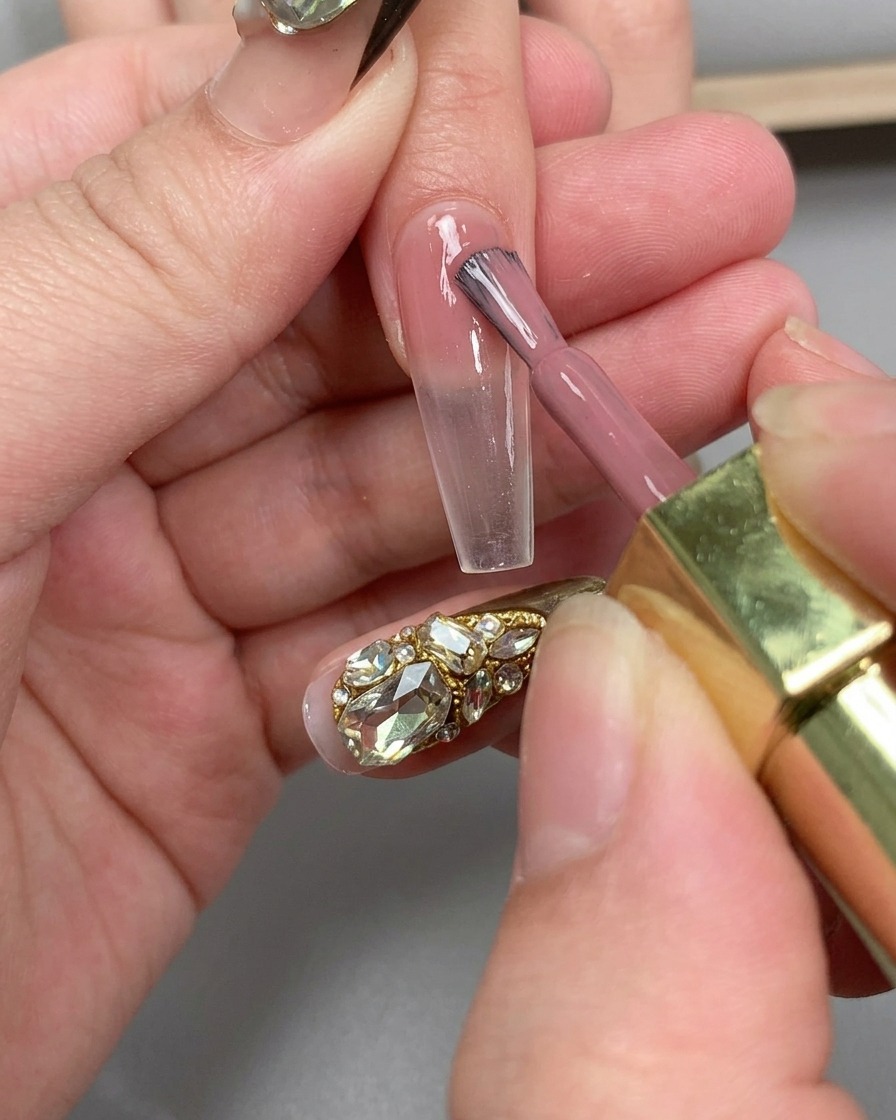 Eine Hand wird unter einer UV-Nagellampe positioniert, um die Base-Coat-Anwendung auszuhärten.