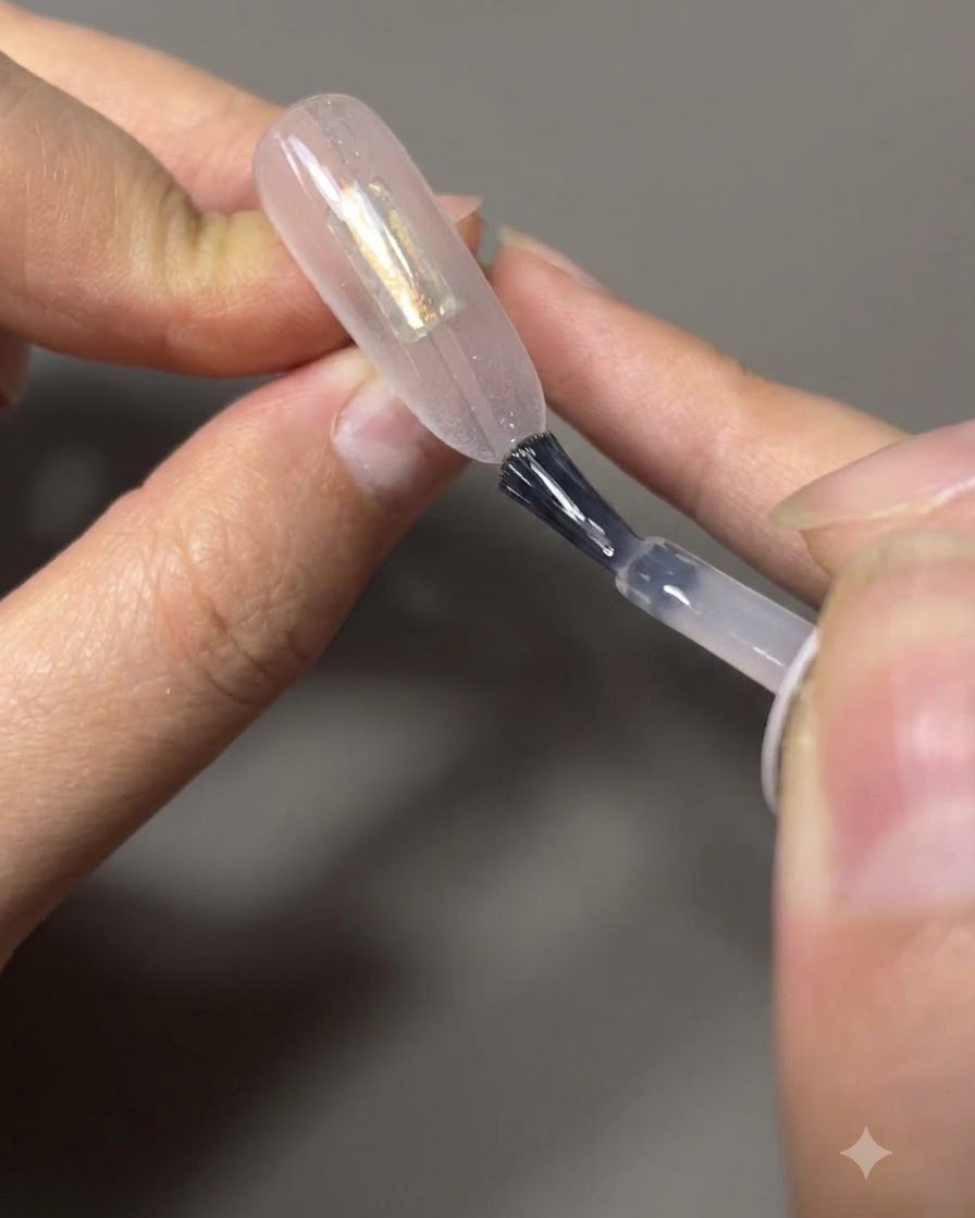 Ein Nagelpinsel zieht und verblendet Gelack nach unten auf einem mandelförmigen Nagel, um einen Ombré-Effekt zu erzeugen.