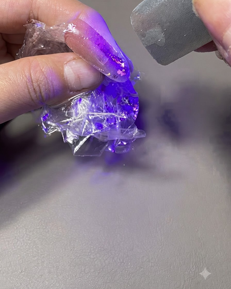 Eine Hand hält einen in Frischhaltefolie eingewickelten Nagel unter ein violettes UV/LED-Härtungslicht.