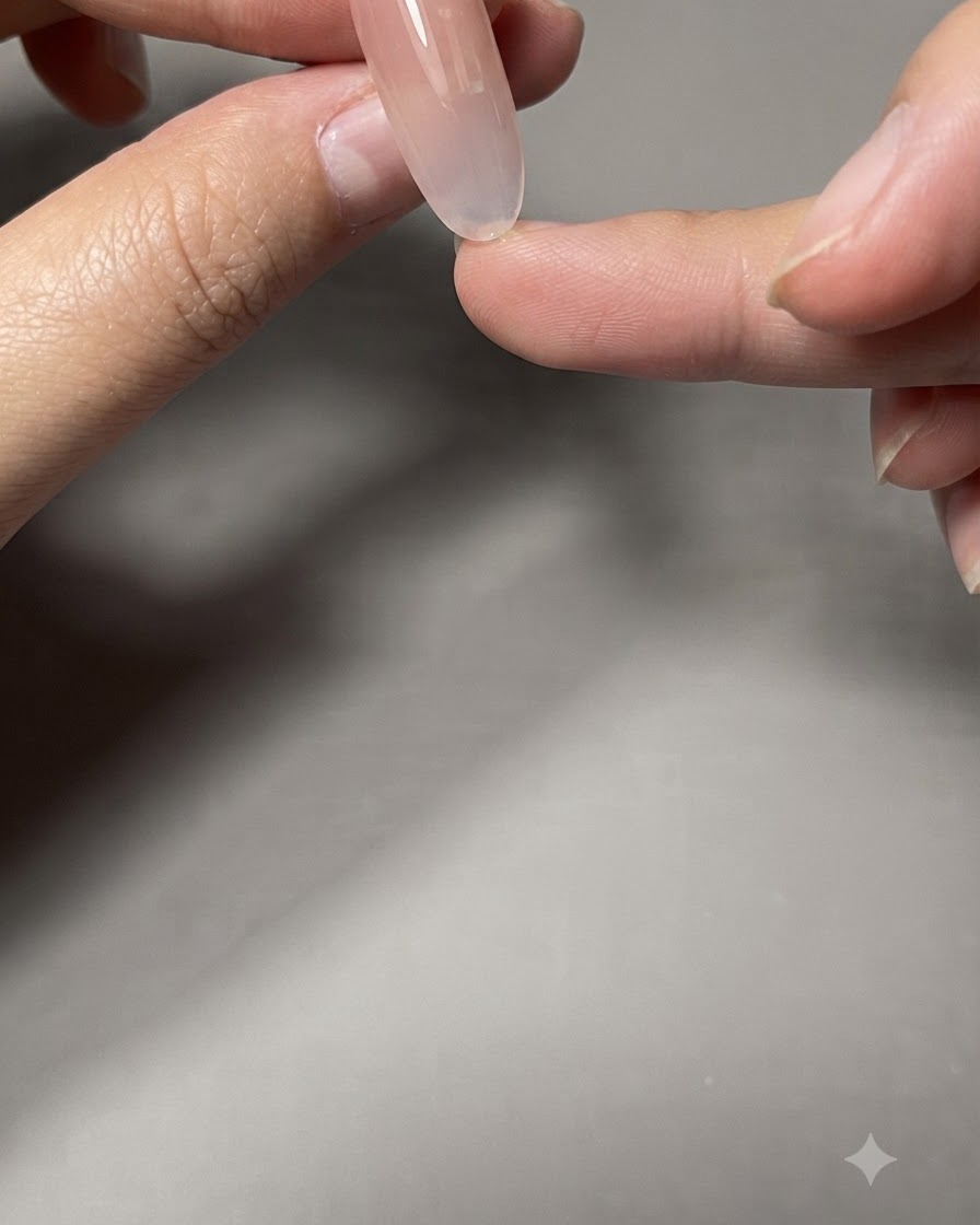 Nahaufnahme einer Hand, die Verstärkungsgel über einen Nude-farbenen Nagel aufträgt.