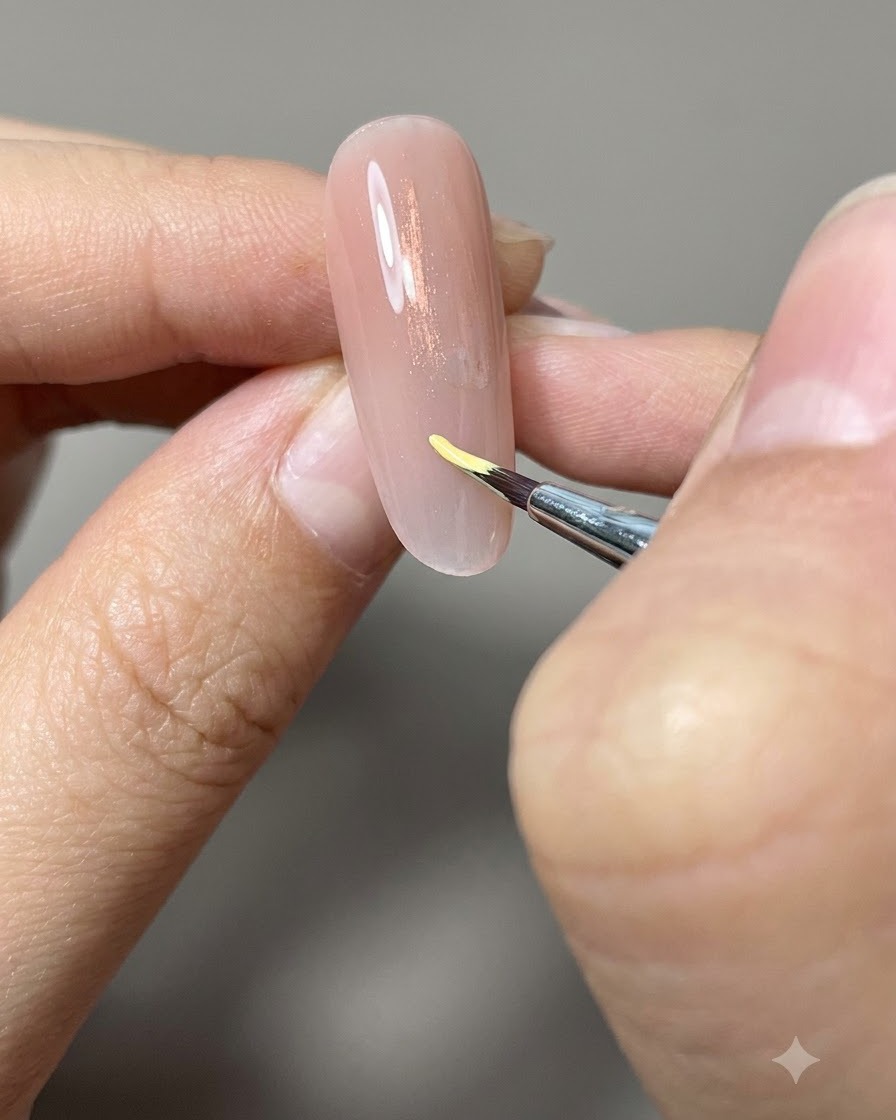 Ein feiner Liner-Pinsel trägt eine kleine gelbe Klammerform auf einen Nude-Nagel auf.