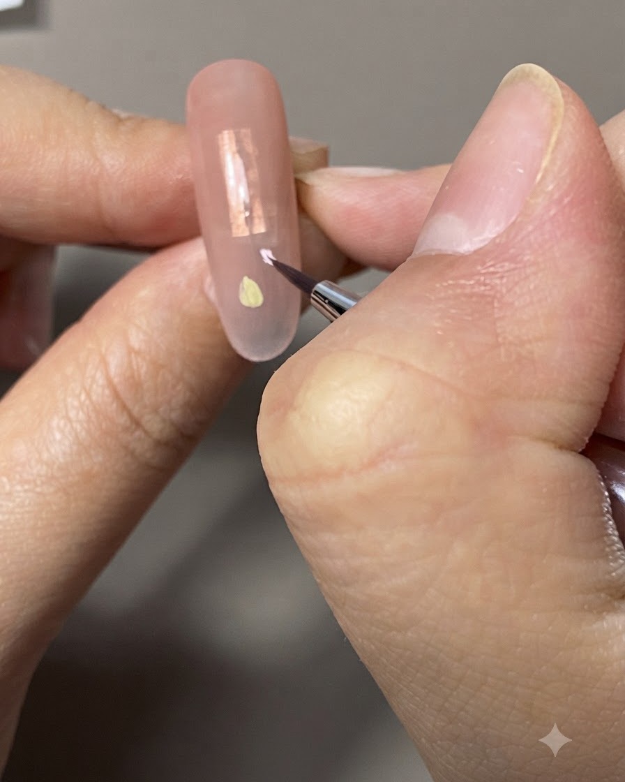 Nahaufnahme eines feinen Liner-Pinsels, der rosa Gel innerhalb der Umrandung einer Tulpenblüte auf einem neutralfarbenen Nagel aufträgt.