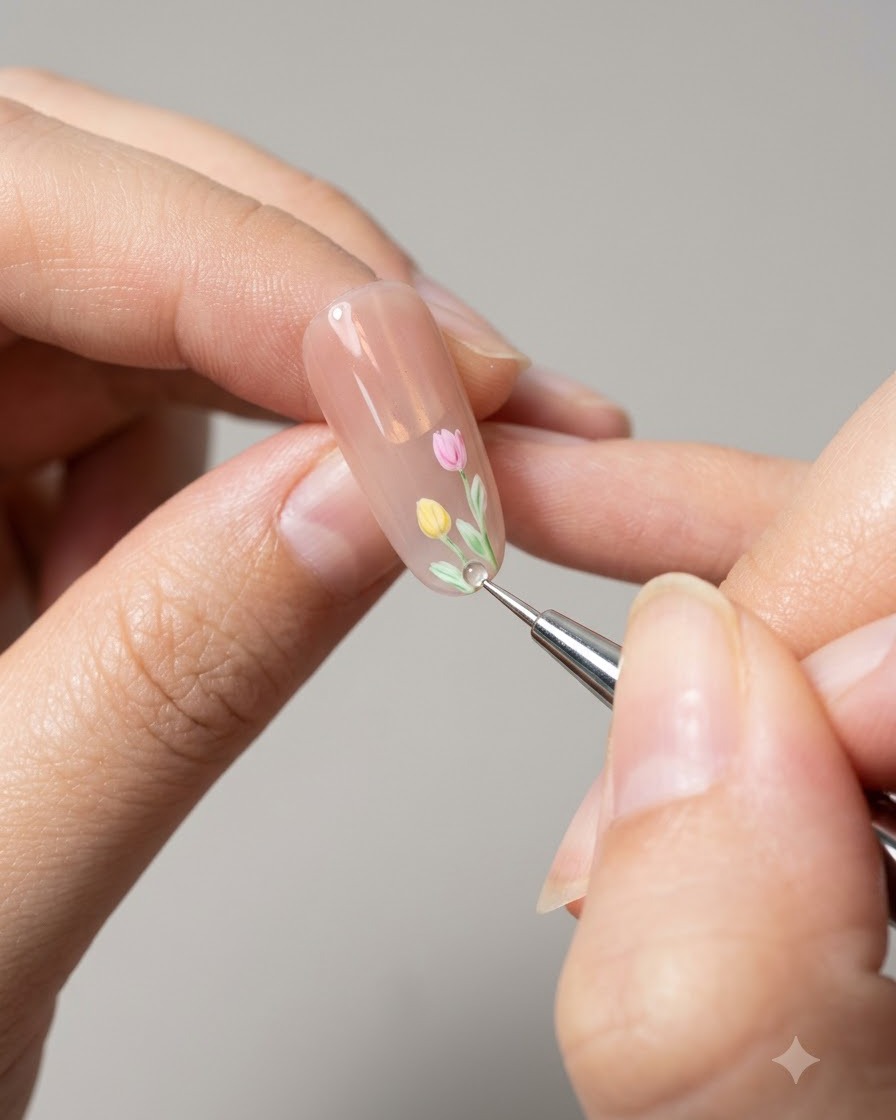 Ein Pinsel trägt Top-Coat-Versiegelung über ein fertiges Blumen-Nageldesign auf.