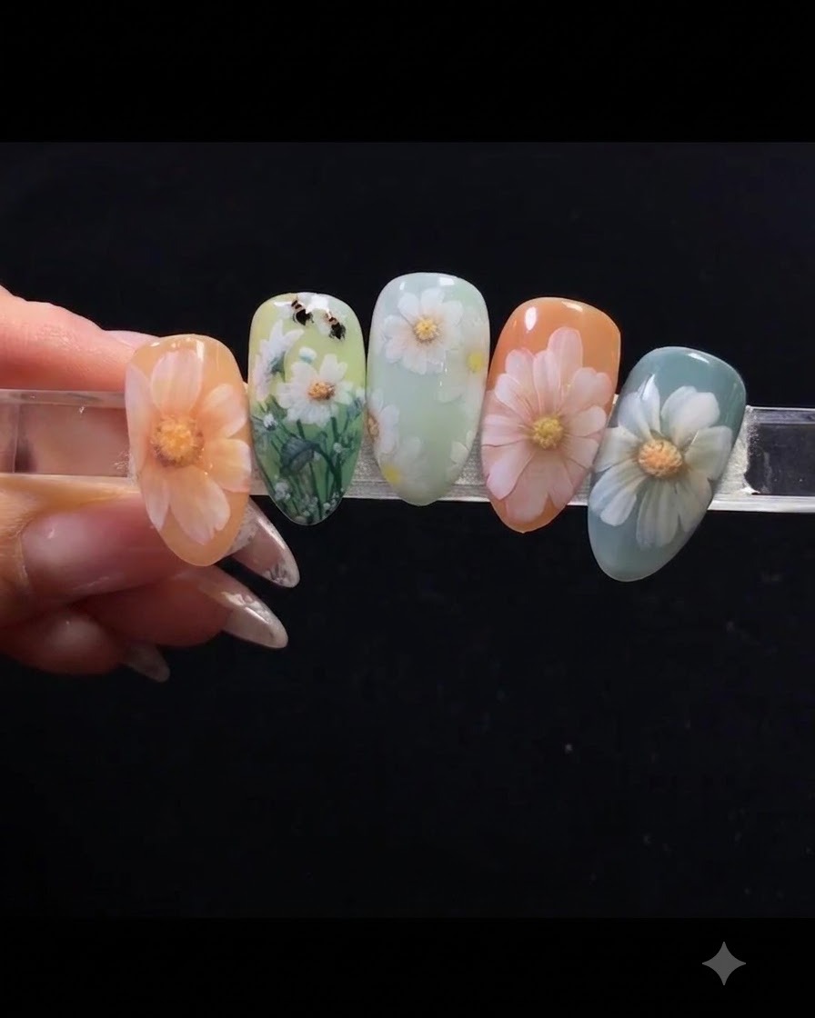 Ein Detailpinsel setzt kleine weiße Gelpunkte auf einen farbigen Nagel, um die Gänseblümchenblüten zu planen.