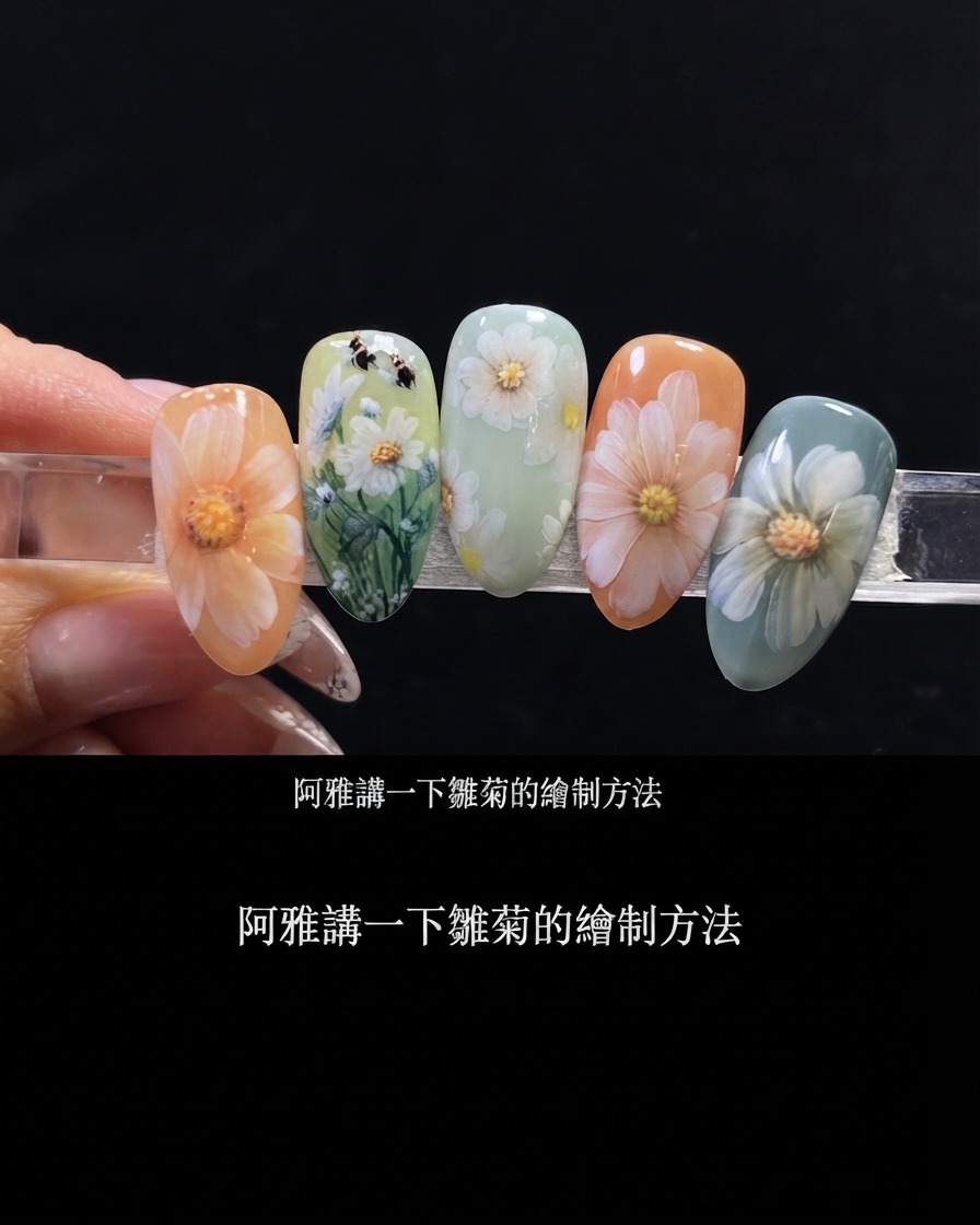 Ein Rundpinsel fügt weitere weiße Gel-Kleckse hinzu, um den vollständigen kreisförmigen Umriss der Gänseblümchenblüten zu vollenden.