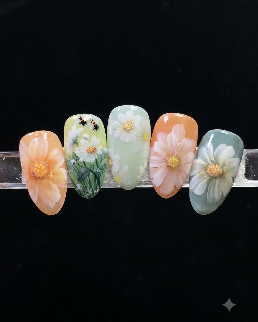 Ein Nagelkunstpinsel drückt und zieht weißes Gel sanft nach innen, um spitz zulaufende Blumenblätter zu formen.