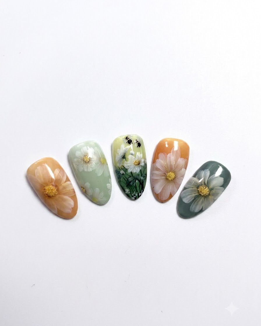 Eine fertige Hand mit frisch lackiertem Gänseblümchen-Nageldesign unter einer Aushärtungslampe.