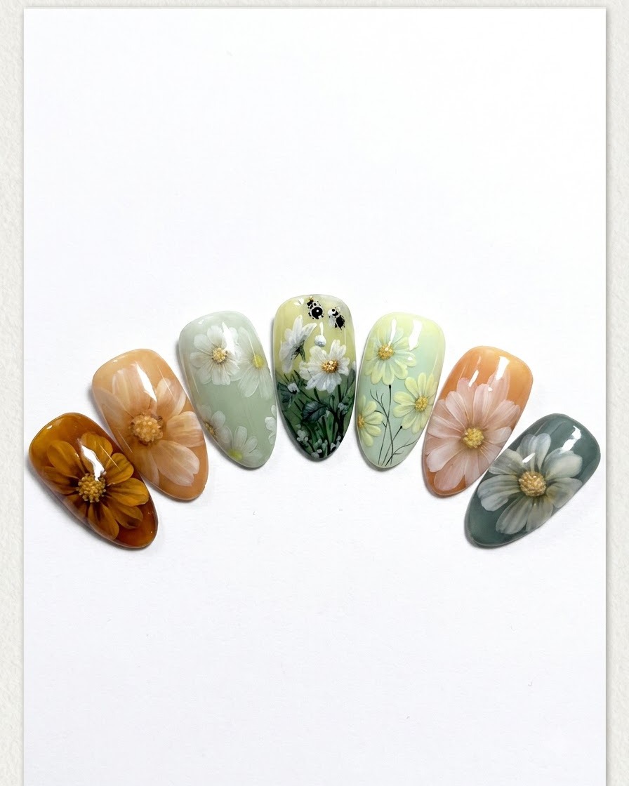 Ein Nagelpinsel trägt einen klaren Überlack über ein fertiges Gänseblümchen-Nageldesign auf.