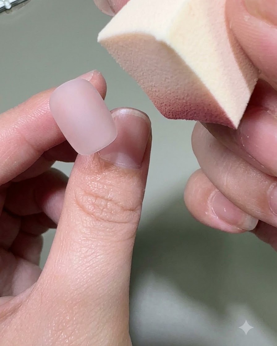 Eine Hand hält einen Make-up-Schwamm und trägt rosa Gel-Farbe auf die Spitze eines matten Nude-Nagels auf.