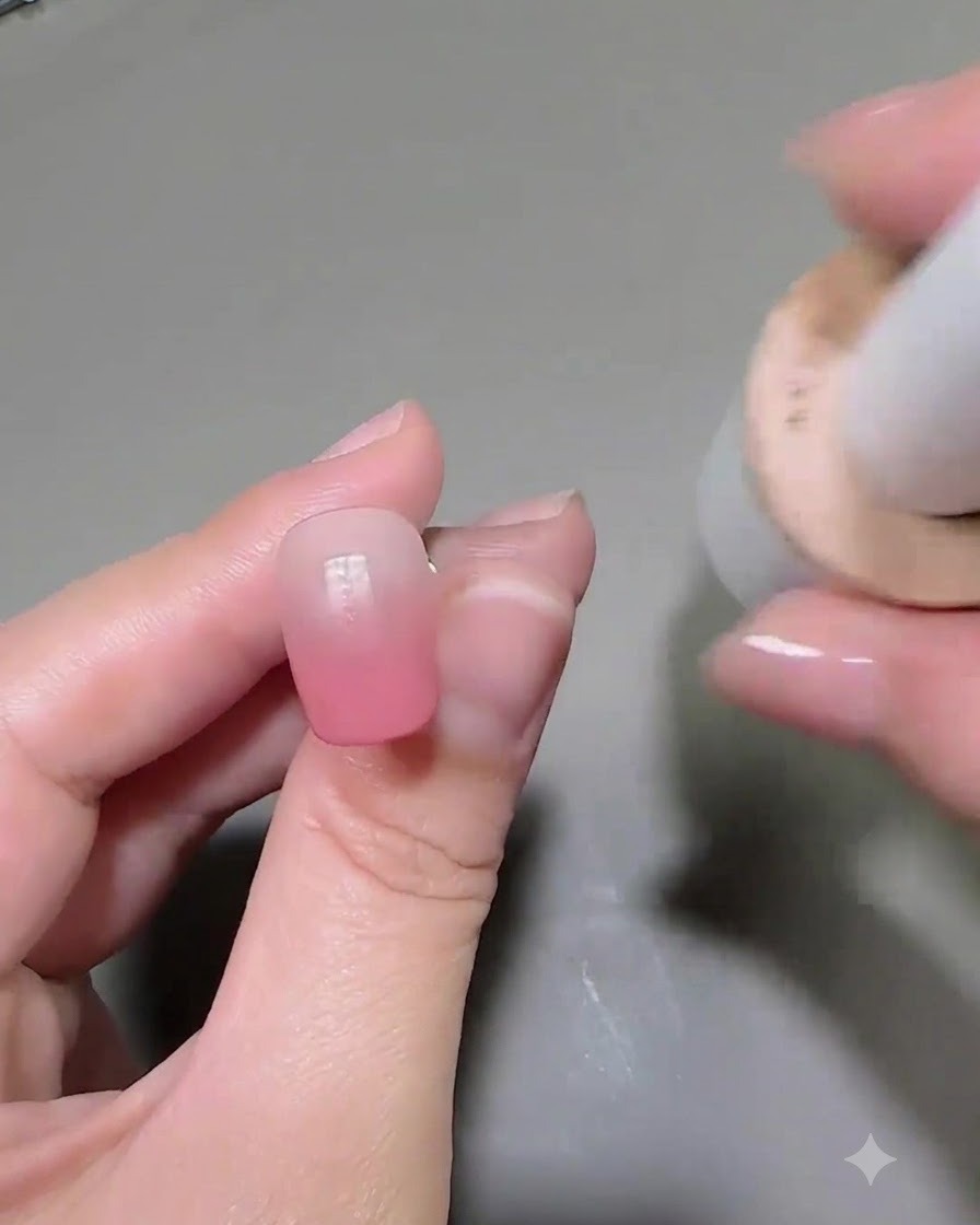 Ein Pinsel trägt eine zarte, hellrosa Gel-Farbschicht auf einen bereits erstellten Ombré-Nagel auf.