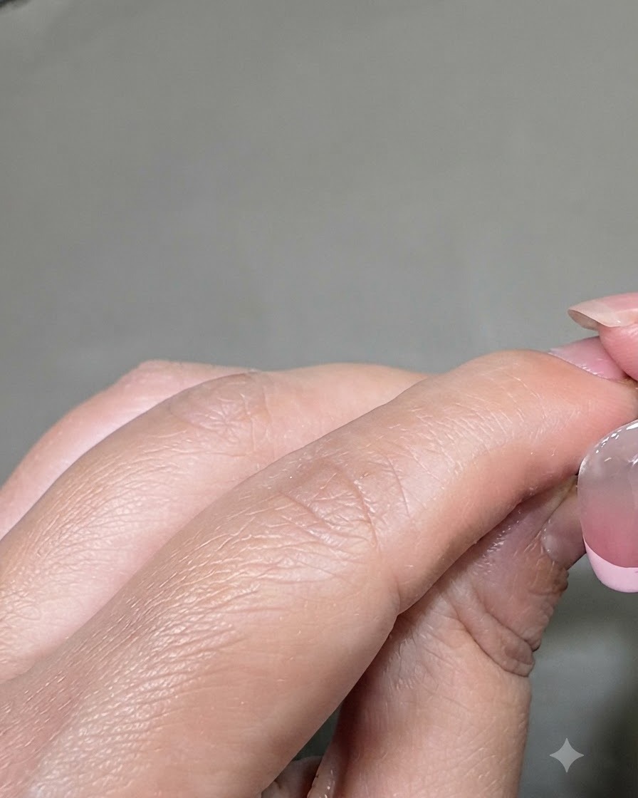 Ein feiner Liner-Pinsel zieht eine rosa Lacklinie entlang der Nagelspitze für einen French-Maniküre-Effekt.