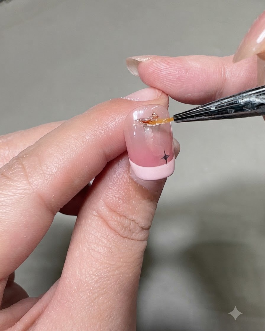 Ein Detail-Werkzeug platziert einen kleinen klaren Strassstein neben einem schwarzen Sternaufkleber auf einem rosa French-Nagel.