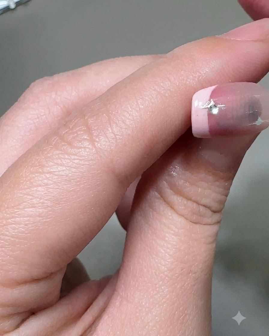 Nahaufnahme eines Nagels, der um die Strasssteine und den Sternaufkleber herum mit Top Coat versiegelt wird.