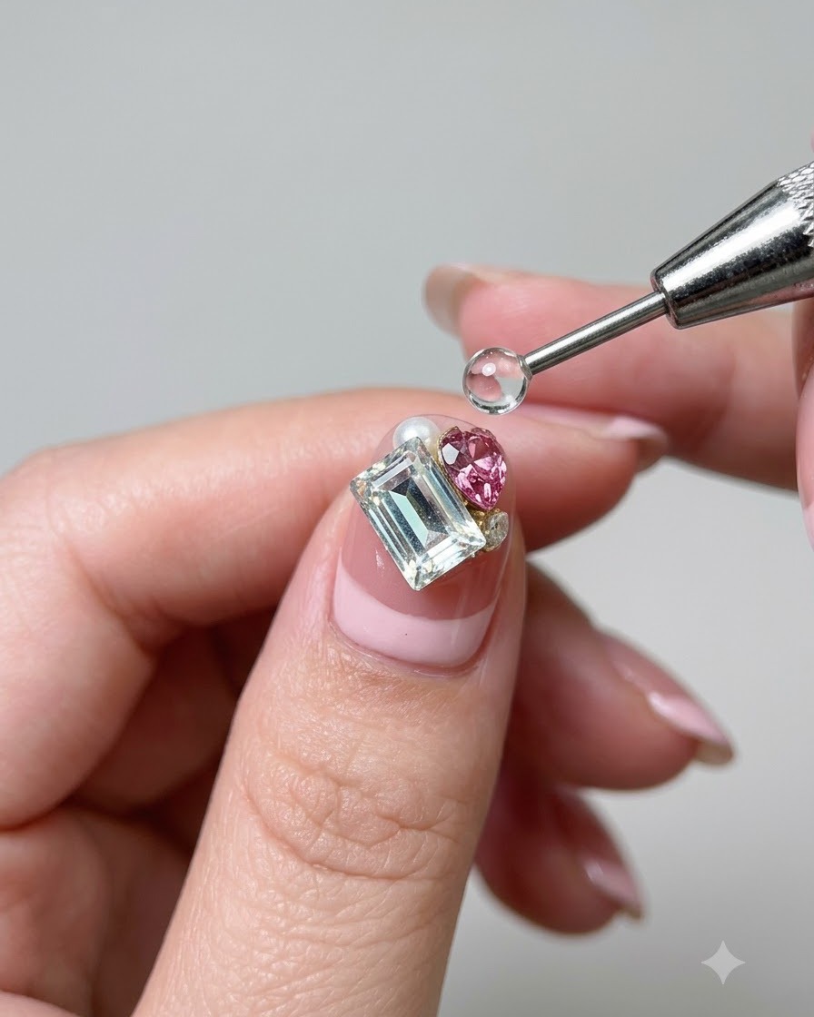 Ein Dotting Tool platziert Elemente wie ein rosa Herz-Kristall und eine kleine Perle neben einem großen rechteckigen Diamanten.