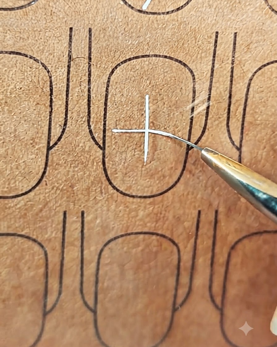 Ein dünner Liner-Pinsel fügt eine diagonale Linie durch die Mitte des weißen Kreuzes auf einem Übungsnagel hinzu.