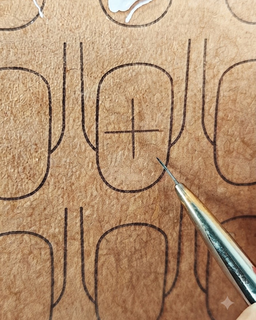 Eine Nahaufnahme einer vollendeten weißen Stern-Hilfsform mit gekreuzten Linien auf einer braunen Übungsnageloberfläche.