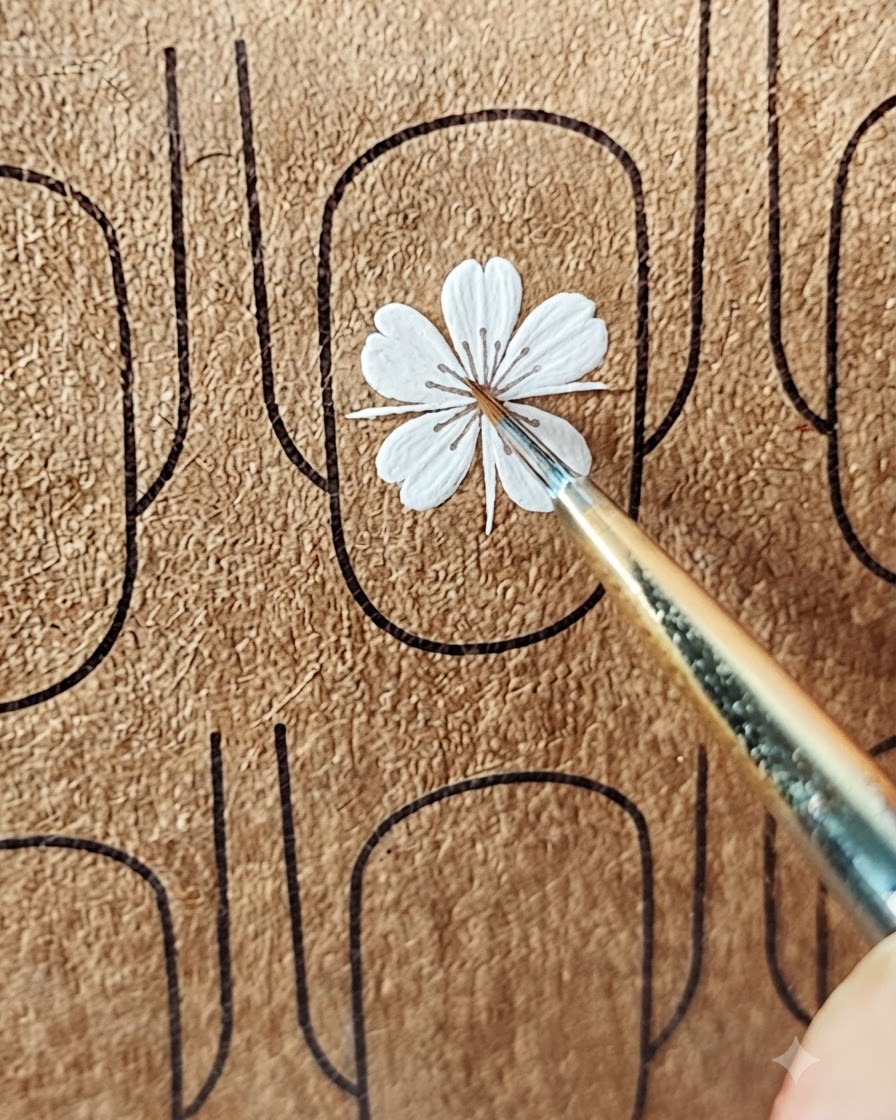 Ein Nail-Art-Pinsel fügt mehrere weiße Blütenblätter um einen zentralen Punkt auf einer Nagelschablone hinzu.