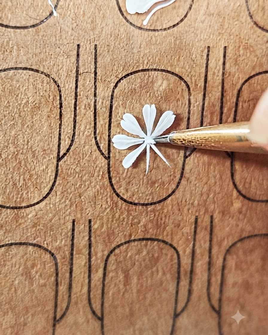 Eine Nahaufnahme eines Nail-Art-Pinsels, der die letzten Blütenblätter eines weißen Gänseblümchens malt.