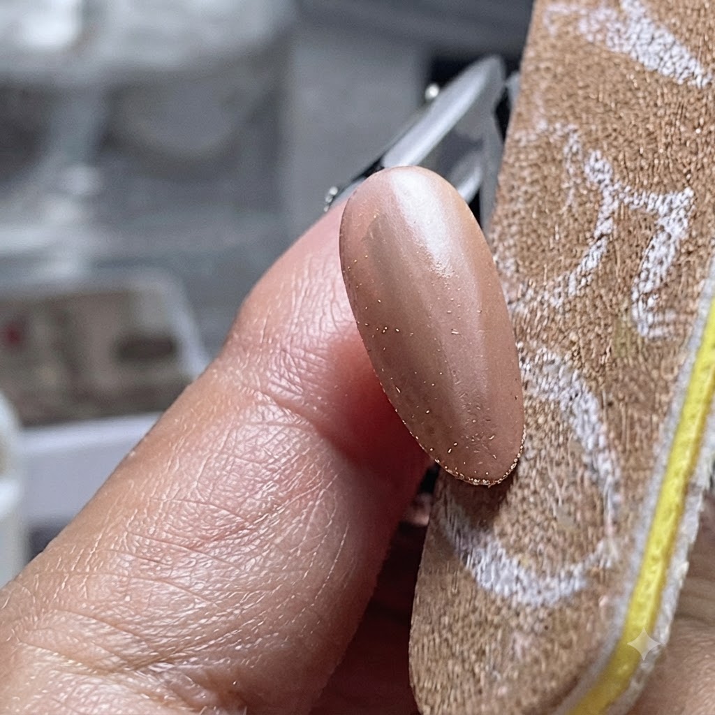 Ein Pinsel trägt eine Schicht klaren Base-Gels auf eine farbige Nageloberfläche auf.