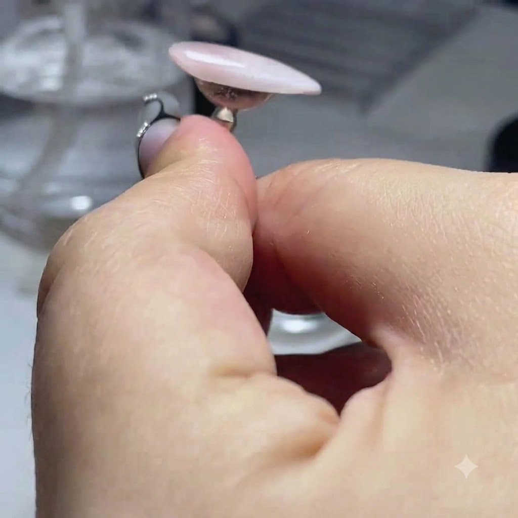 Eine geformte Schicht klaren Soft-Candy-Gels ruht glatt auf einem Übungsnagel, der an einem Halter befestigt ist.