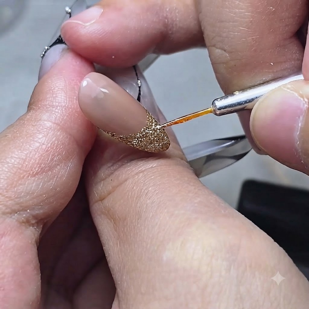 Eine feine Haarsehne wird nahe an einem Nagelwerkzeug für eine detaillierte Nail-Art-Anwendung gehalten.