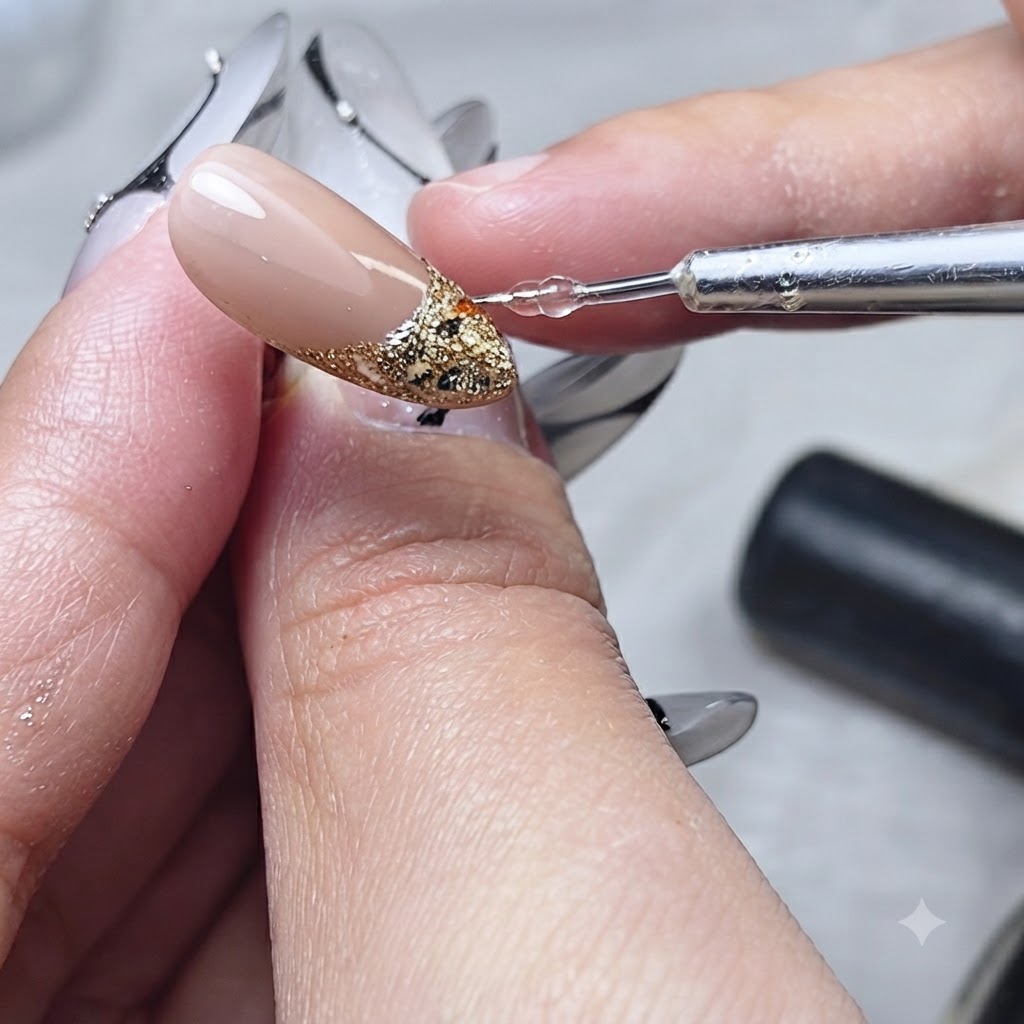 Ein Finger berührt leicht die Seite eines Nagels mit Alkohol, um die Form zu glätten und anzupassen.