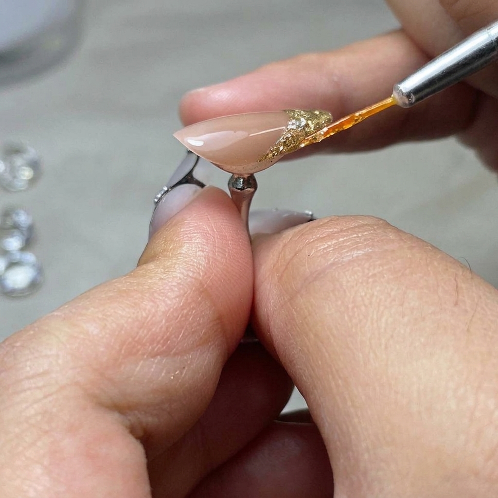Ein Nagel mit einem 3D-Diamantgitterdesign härtet unter einem Lampenlicht aus.