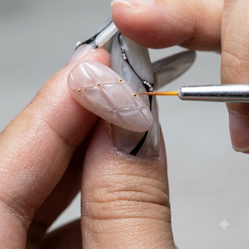 Eine detaillierte Aufnahme eines feinen Pinsels, der die scharfe Kante eines French-Tip-Nagels nachzieht.