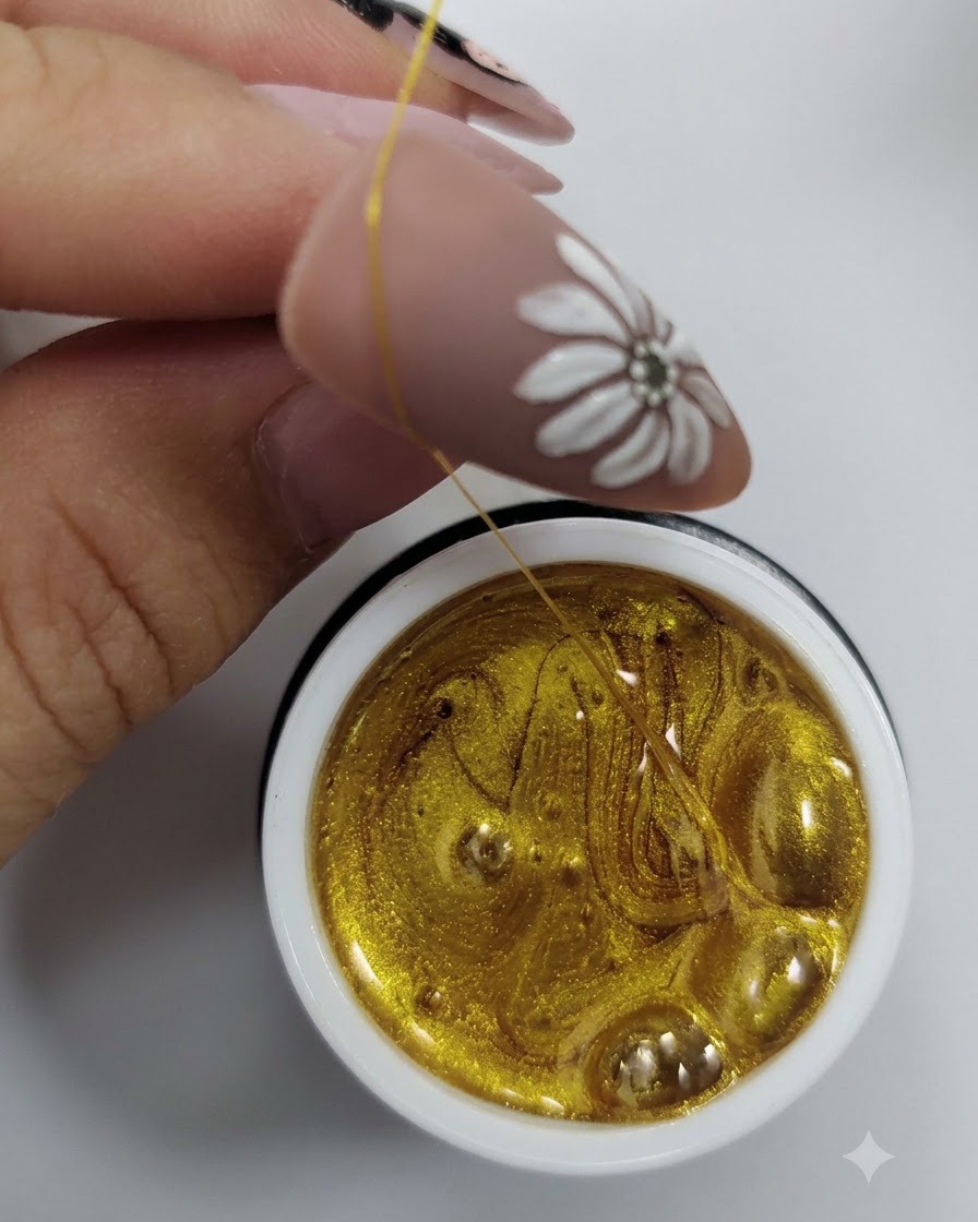 Ein feiner Pinsel zieht einen dünnen Gold-Gel-Strang über einen nude-farbenen Nagel mit weißem Gänseblümchendesign.