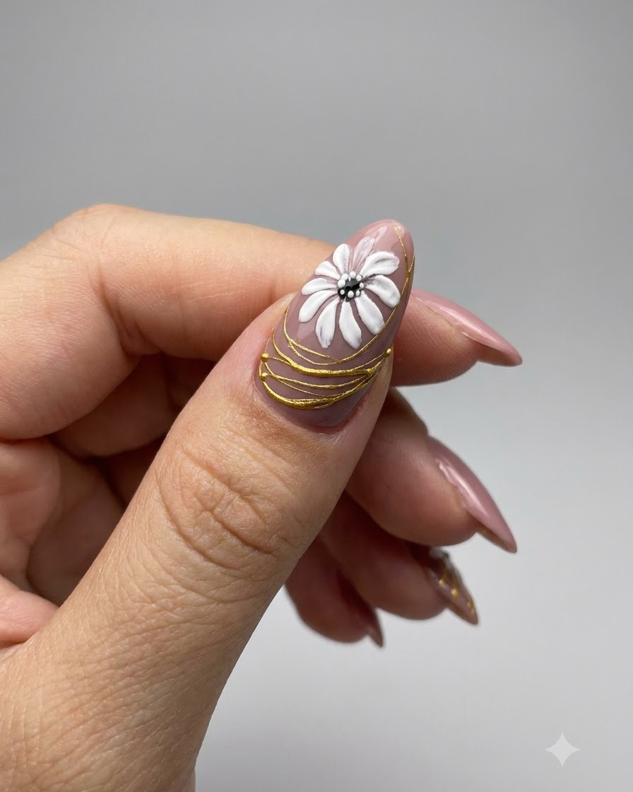 Eine Nahaufnahme eines manikürten Nagels mit weißer Schrift, die über zarten Gold-Gel-Linien aufgemalt ist.