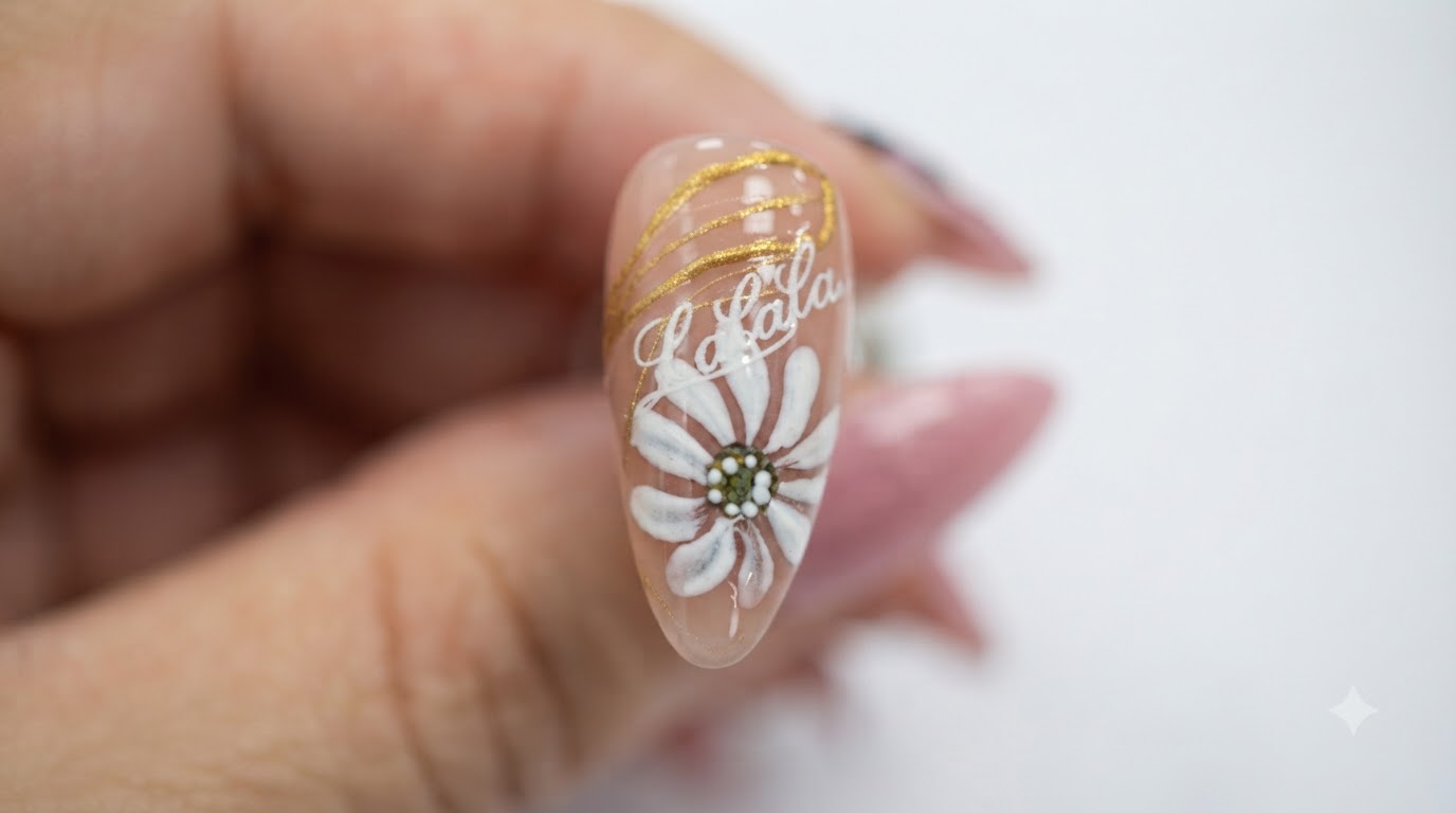 Gänseblümchen Nageldesign mit Goldkalligrafie — Schritt-für-Schritt-Anleitung