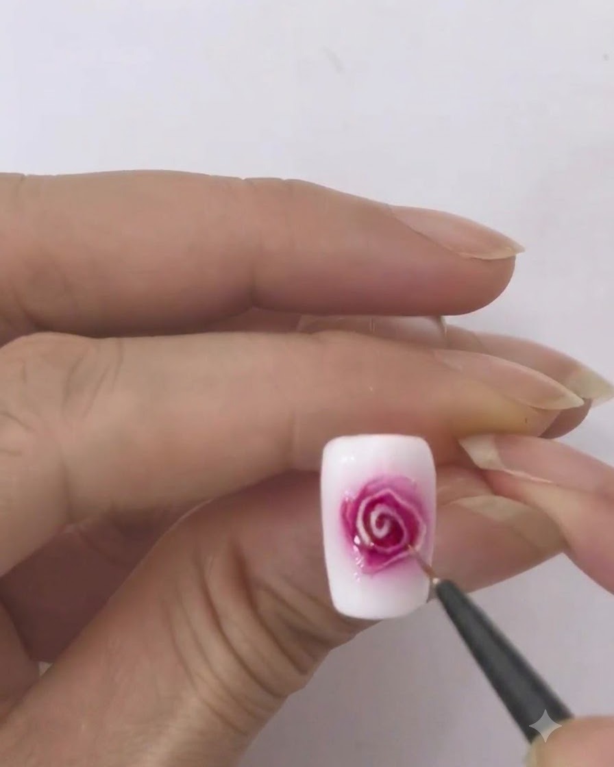 Eine Nahaufnahme eines Nagels zeigt rotes und weißes Gel, das auf einer feuchten Basis zu einem weichen Rosenmuster verläuft.
