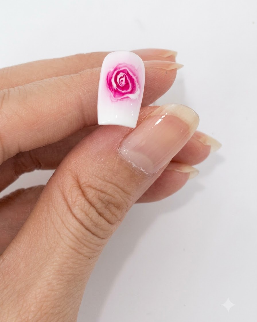 Eine Nahaufnahme einer Hand, die einen verzierten Nagel unter das rosa Licht einer UV-LED-Nagelhärteleuchte legt.